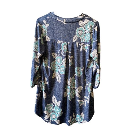Honeyme Women's Floral V-Neck 3/4 Sleeve Blouse Blue Flowy Casual Size M - Picture 7 of 9